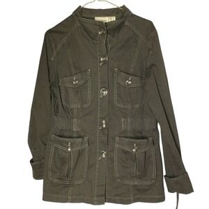 DKNY Jeans Women Utility Jacket Cargo Pockets Button Front Olive Green Size L‎